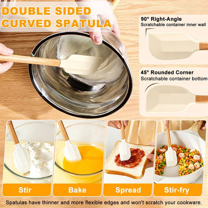 Silicone Spatula Set - 7 Piece Food Grade Rubber Spatula, Heat Resistant Up to 600°F, Wooden Handle Kitchen Utensils Set for Cooking, Baking & Mixing, Jar, Non-Stick Silicone Utensil White