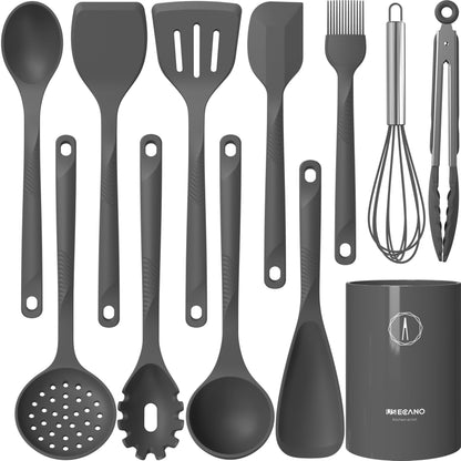 Silicone Cooking Utensils Set - 600°F Heat Resistant, Nonstick Kitchen Utensil Set with Spatulas, Spoons, Whisk, Tongs, BPA Free, Dishwasher Safe, Cream White