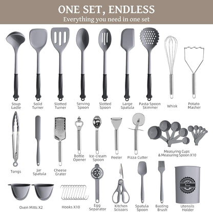 Kikcoin 43 PCS Silicone Kitchen Utensils Set, Dishwasher Safe Kitchen Cooking Utensils Set, 446°F Spatulas Silicone Heat Resistant, Non Toxic Silicone Utensils Set With Two-Tone Grip Handles, Gray