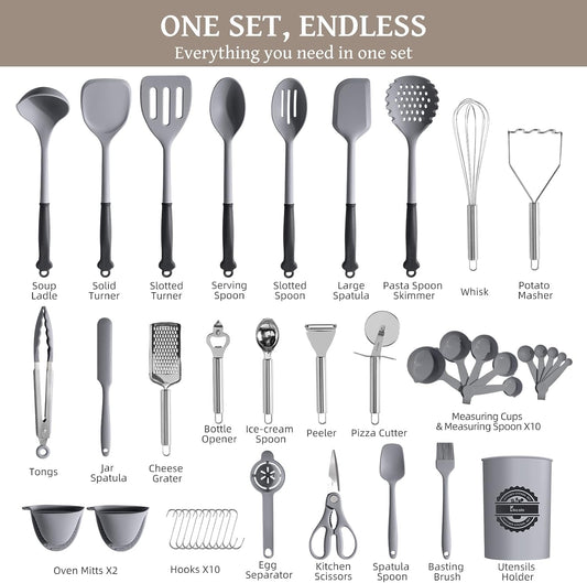 Kikcoin 43 PCS Silicone Kitchen Utensils Set, Dishwasher Safe Kitchen Cooking Utensils Set, 446°F Spatulas Silicone Heat Resistant, Non Toxic Silicone Utensils Set With Two-Tone Grip Handles, Gray