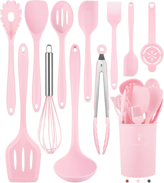 Pink Kitchen Utensils Set-12 Pieces Silicone Cooking Utensils Set