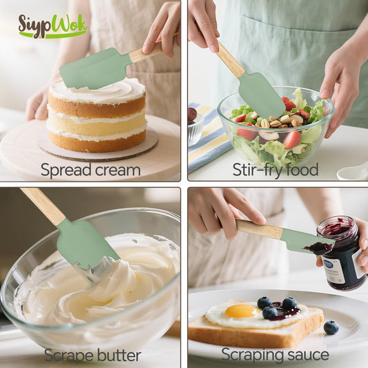 Silicone Spatula Set, Food Grade Rubber Spatula-4 Piece Nonstick Rubber Spatulas, Spoonula, Jar Scraper for Cooking, Baking, Mixing, Frosting - Heat Resistant Up to 600°F (4 Pcs Spatula Green)