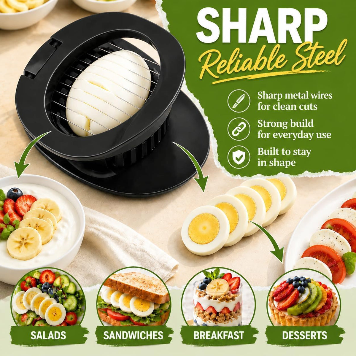 NOVANO Stainless Steel Wire Egg Cutter, Hard Boiled Egg Slicing Gadget, Egg Salad Making Tool, Versatile Kitchen Accessory for Eggs, Avocado, Strawberry, Kiwi Fruit