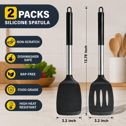 2-Piece Silicone Utensil Set:Heat-Resistant & BPA Free（Black）