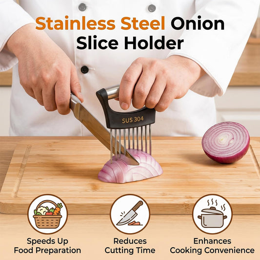 Onion Holder for Slicing, Onion Cutter Vegetable Chopper, 304 Stainless Steel Tomato Slicer Vegetable Cutter for Potato, Avocados, Eggs, Food Slicer Assistant Tool for Fruit Lemon and Meat