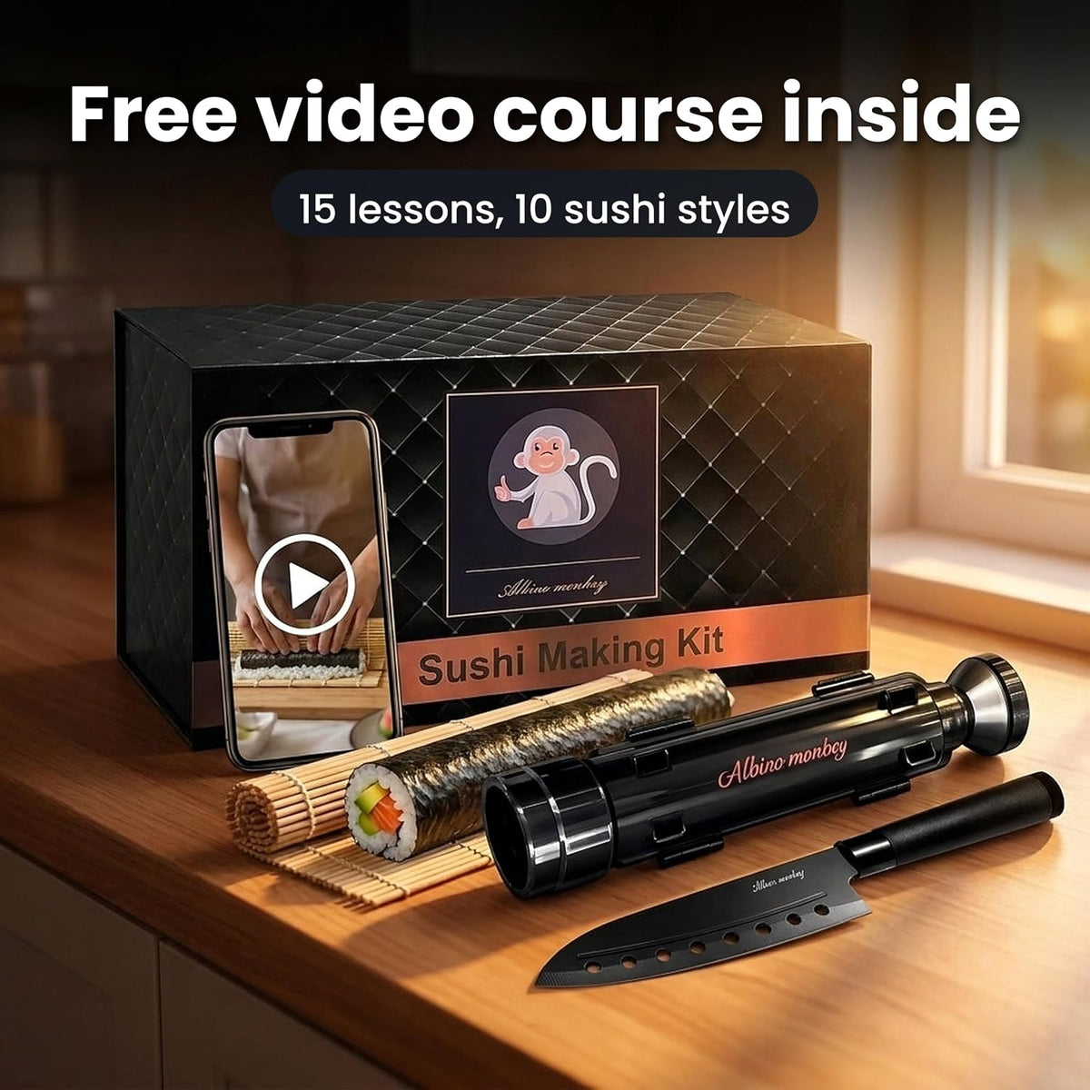 Albino monkey 20-Piece Sushi Making Kit with Bazooka, Knife & Free Course