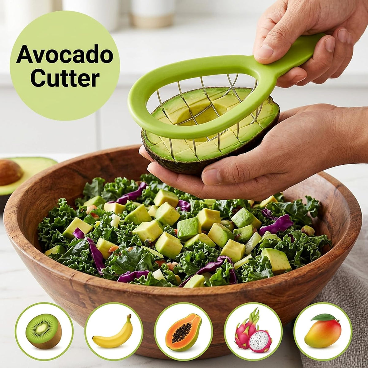 3PCS Avocado Slicer Set, 3-in-1 Avocado Tool for Easy Slicing and Pitting, Stainless Steel Avocado Cutter with Long Handle, Durable Kitchen Gadget for Avocado Preparation and Avocado Saver