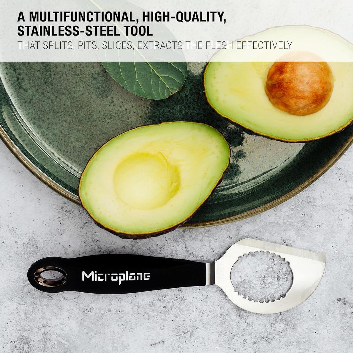 Microplane Avocado Tool | 3-in-1 Stainless Steel Avocado Slicer Tool, Pit Remover & Peeler with Soft Grip Handle | Avocado Cutter for Easy Prep | Dishwasher Safe