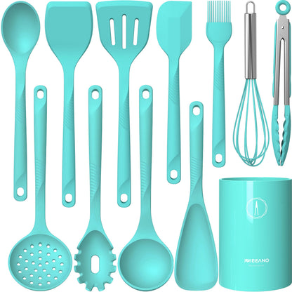 Silicone Cooking Utensils Set - 600°F Heat Resistant, Nonstick Kitchen Utensil Set with Spatulas, Spoons, Whisk, Tongs, BPA Free, Dishwasher Safe, Cream White
