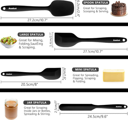 Anaeat 4 Piece Silicone Spatula Set - Seamless One-Pieces Design - Non Stick Rubber Spatulas Kitchen Scraper for Baking, Cooking, Scraping & Mixing, Heat Resistant & BPA Free & Dishwasher Safe (Black)
