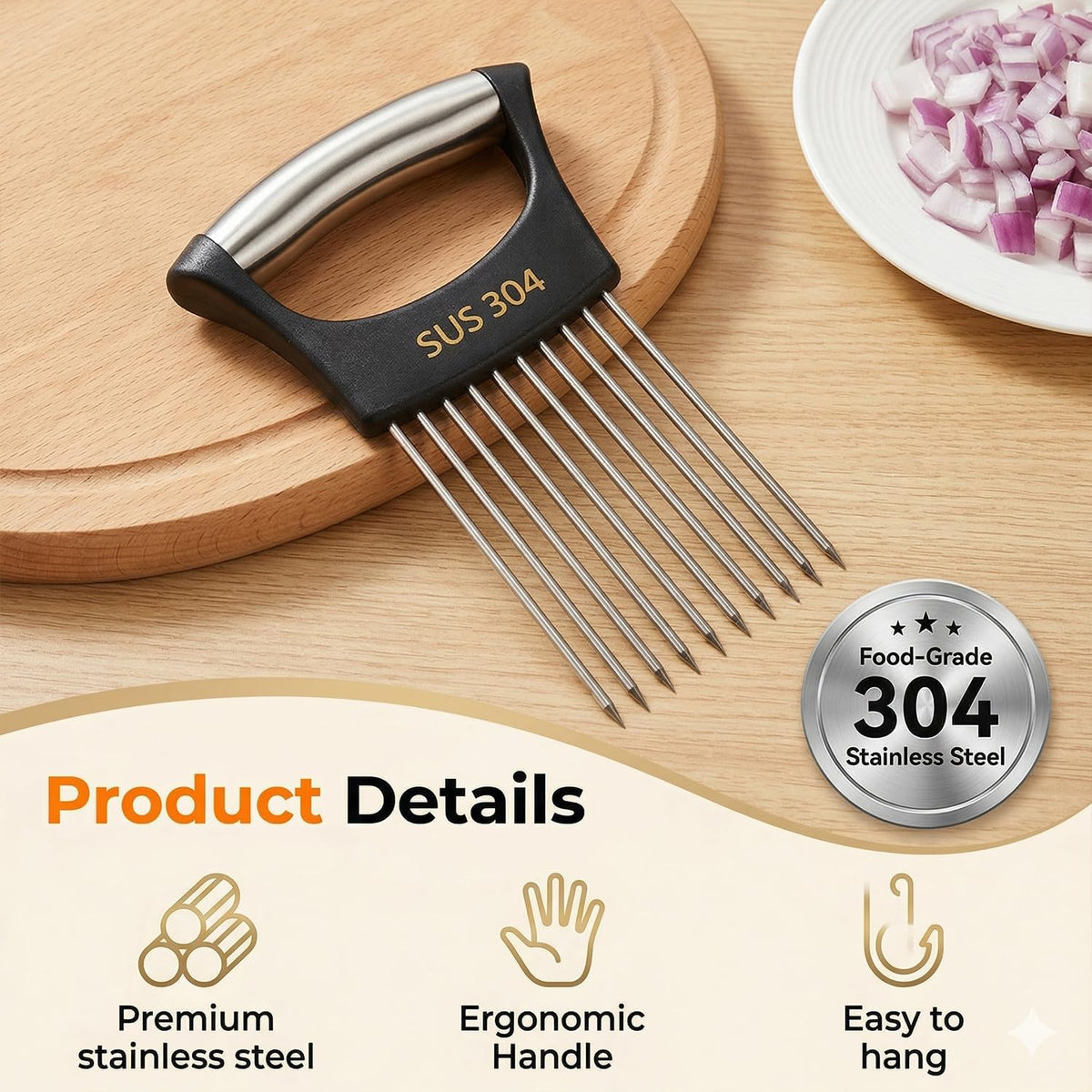 Onion Holder for Slicing, Onion Cutter Vegetable Chopper, 304 Stainless Steel Tomato Slicer Vegetable Cutter for Potato, Avocados, Eggs, Food Slicer Assistant Tool for Fruit Lemon and Meat