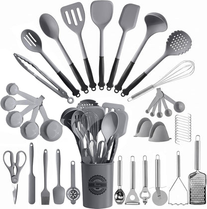 Kikcoin 43 PCS Silicone Kitchen Utensils Set, Dishwasher Safe Kitchen Cooking Utensils Set, 446°F Spatulas Silicone Heat Resistant, Non Toxic Silicone Utensils Set With Two-Tone Grip Handles, Gray