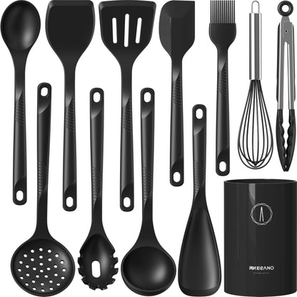 Silicone Cooking Utensils Set - 600°F Heat Resistant, Nonstick Kitchen Utensil Set with Spatulas, Spoons, Whisk, Tongs, BPA Free, Dishwasher Safe, Cream White