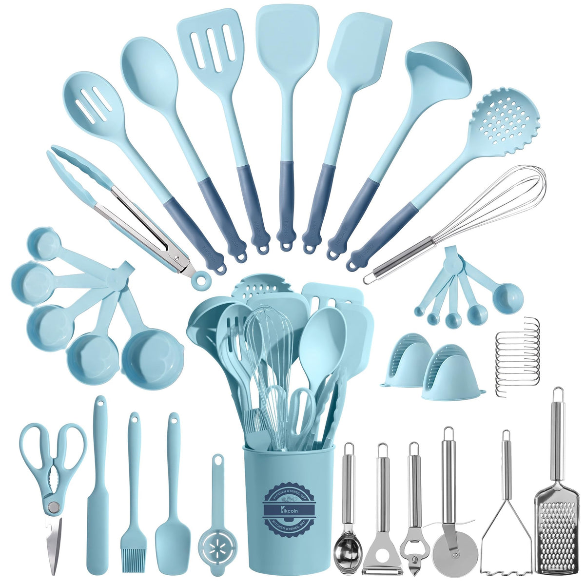 Kikcoin 43 PCS Silicone Kitchen Utensils Set, Dishwasher Safe Kitchen Cooking Utensils Set, 446°F Spatulas Silicone Heat Resistant, Non Toxic Silicone Utensils Set With Two-Tone Grip Handles, Gray