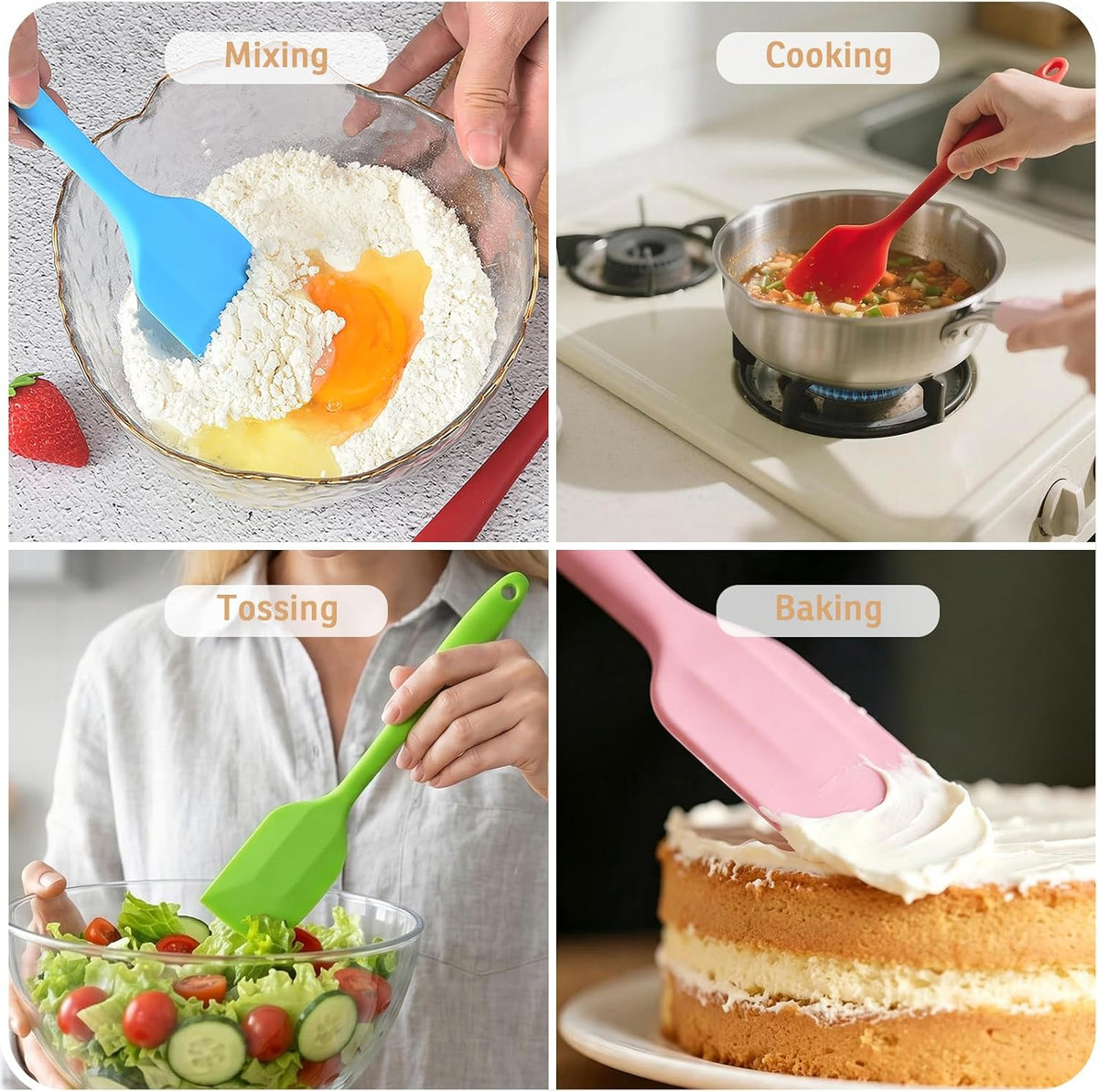 Silicone Spatula, 11 inch Large Rubber Spatula Heat Resistant Seamless One Piece Design Non-Stick Flexible Silicone Scraper for Cooking, Baking, Mixing Tool (4-Piece)