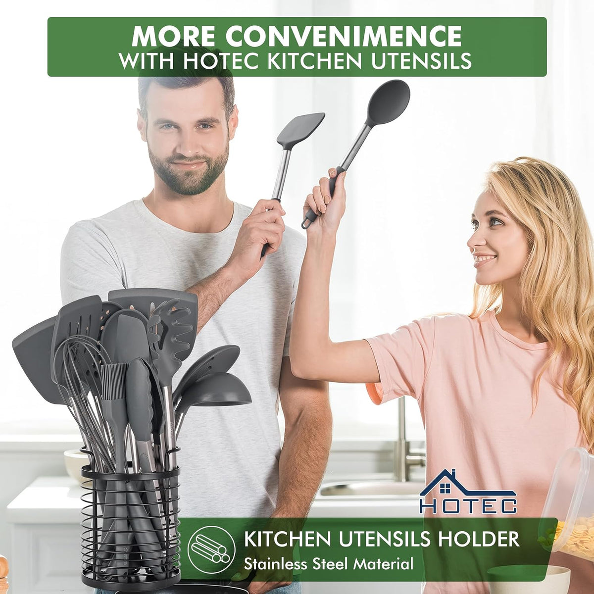 HOTEC Silicone Kitchen Cooking Utensils Set,14pcs Grey