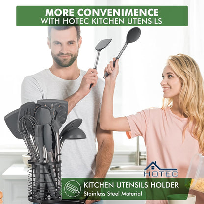 HOTEC Silicone Kitchen Cooking Utensils Set,14pcs Grey
