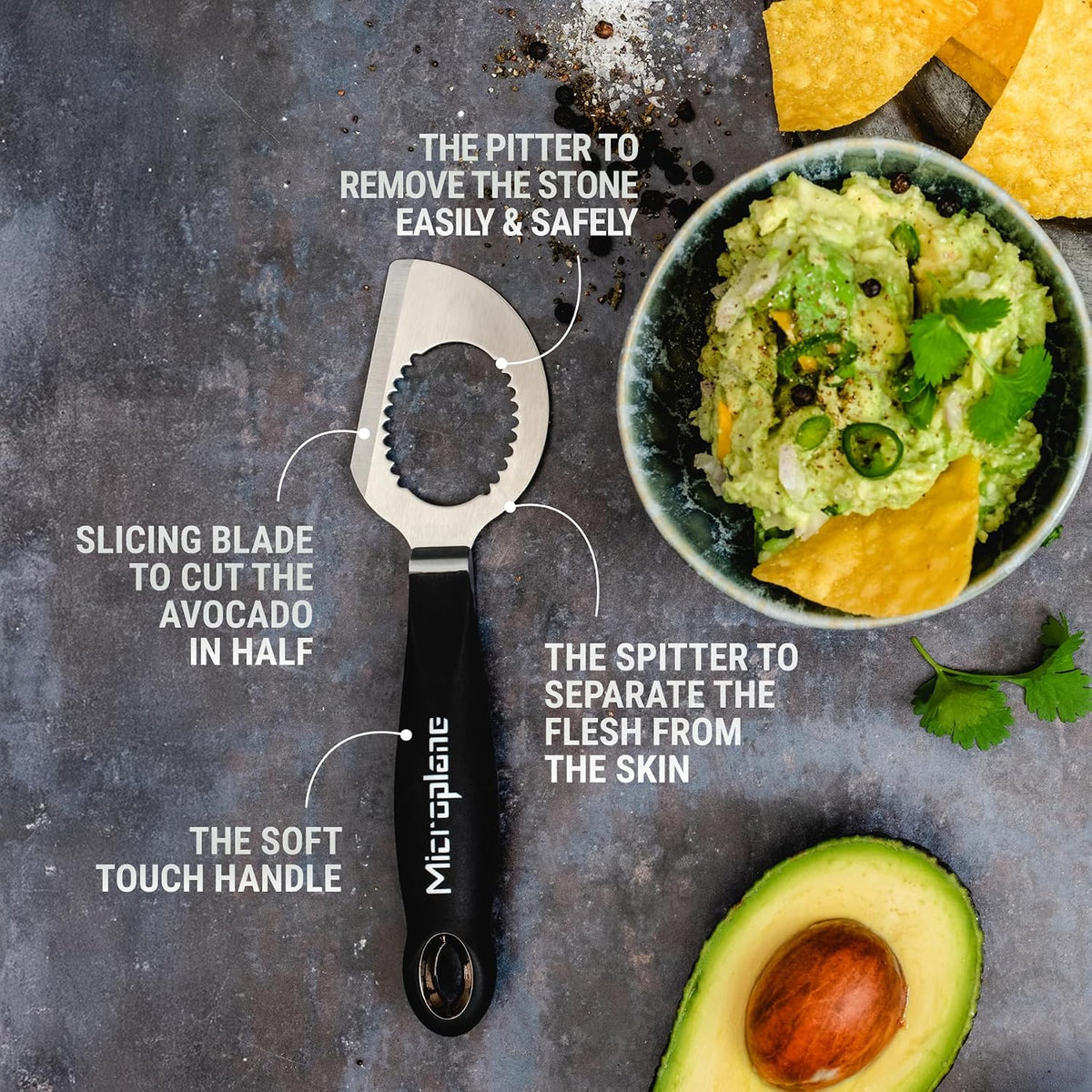 Microplane Avocado Tool | 3-in-1 Stainless Steel Avocado Slicer Tool, Pit Remover & Peeler with Soft Grip Handle | Avocado Cutter for Easy Prep | Dishwasher Safe