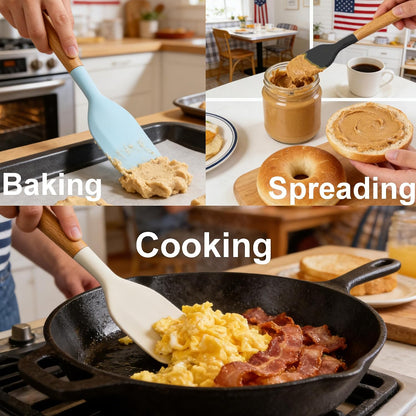 2PCS Heat Resistant Silicone Spatula Set, Silicone Spatula Wooden Handle, Rubber Spatula for Baking, Losing Weight Meal & Salad, Versatile Kitchen Tool, Mixing, Frosting, Heat Resistant 600°F