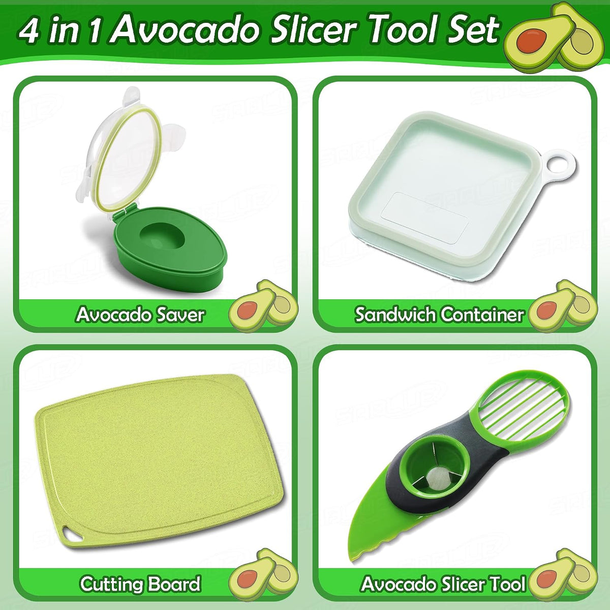 SABLUE Avocado 4-Piece Set: Multi-Function Slicer Tool, Saver, Wheat Straw Cutting Board & Sandwich Container, Dishwasher Safe, BPA-Free Storage for Slicing, Pitting, Fresh Keeping Meal Prep S0059