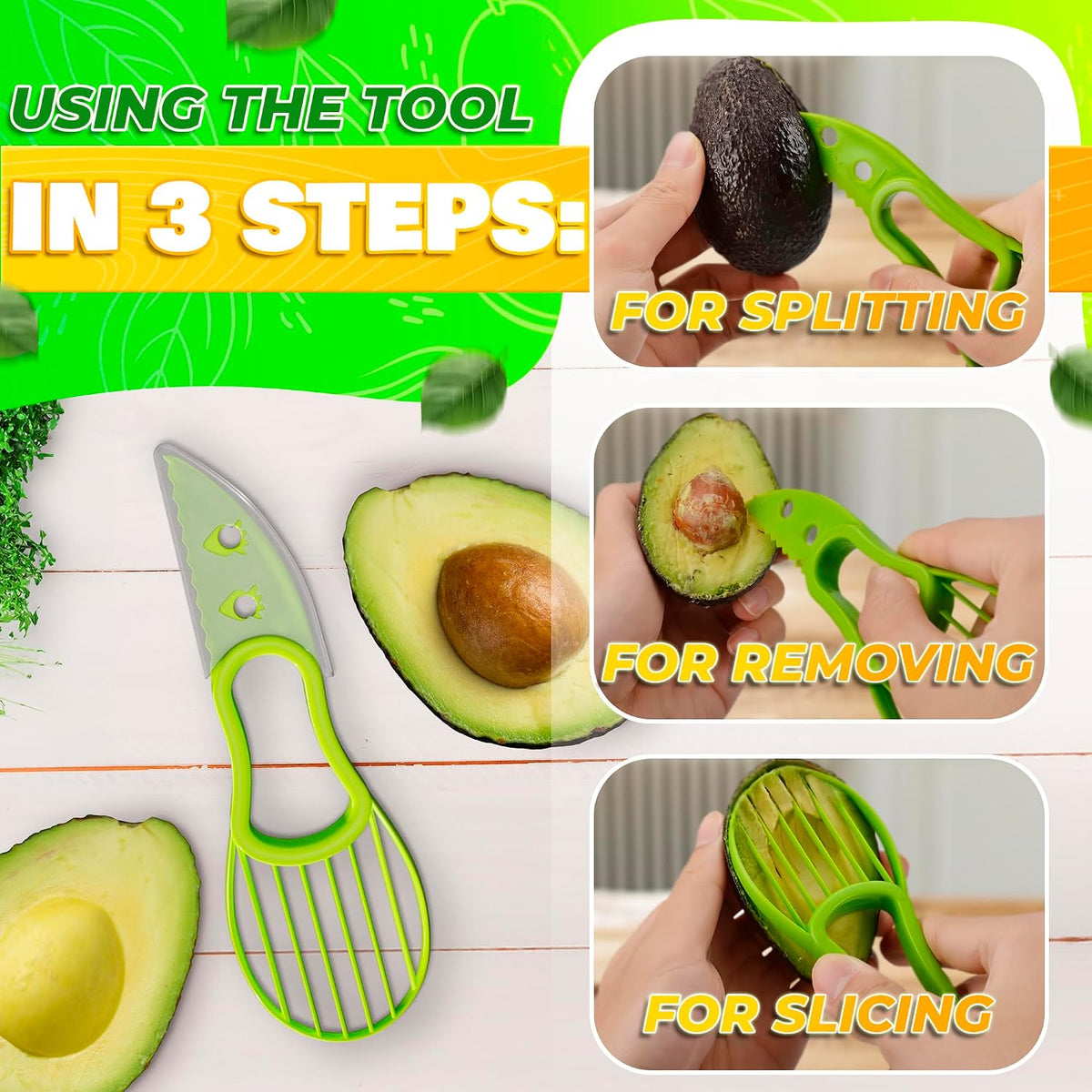 Avocado Slicer Tool 3 in 1, Peeler and Pit Remover, Durable Plastic