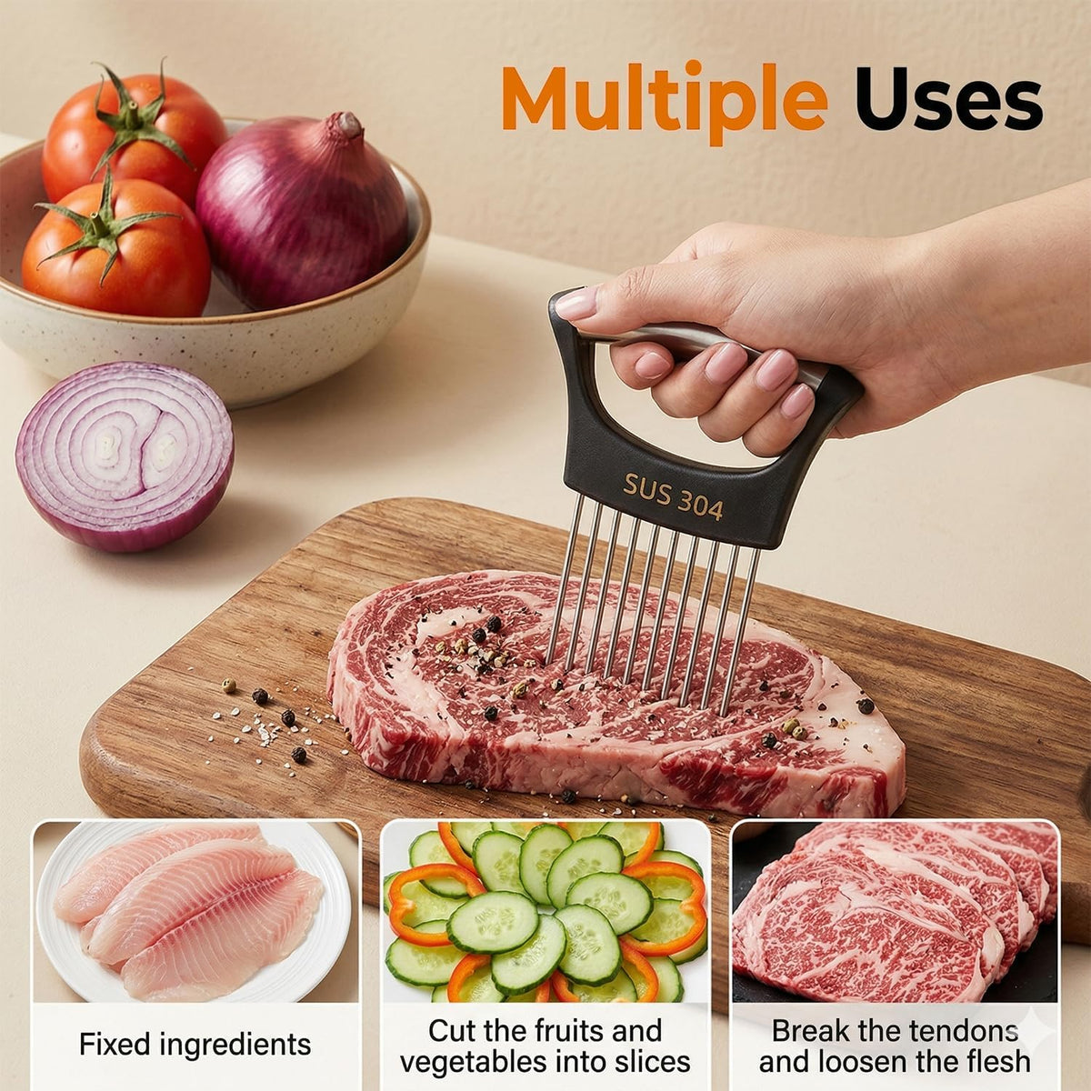 Onion Holder for Slicing, Onion Cutter Vegetable Chopper, 304 Stainless Steel Tomato Slicer Vegetable Cutter for Potato, Avocados, Eggs, Food Slicer Assistant Tool for Fruit Lemon and Meat