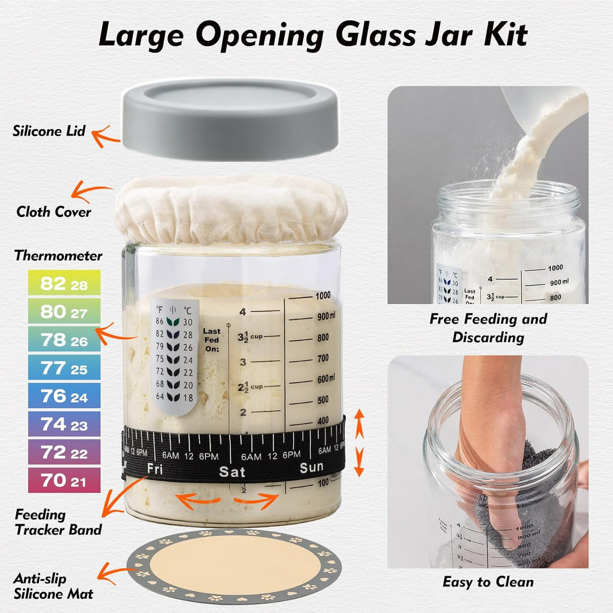 Sourdough Starter Kit, Sourdough Bread Baking Supplies, 35oz Sourdough Starter Jar, Silicone Banneton Bread Proofing Basket Set with 9" Round & 10" Oval,Artisan Bread Baking Tools,Silicone Bread Sling