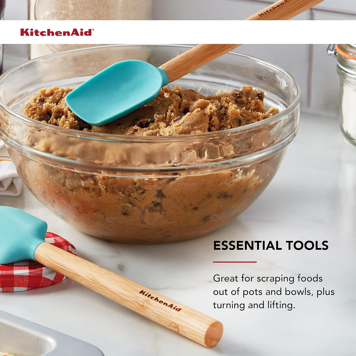 KitchenAid Bamboo Wood Handled MINI Spatula Set with Silicone Head, Set Of 2, Aqua Sky