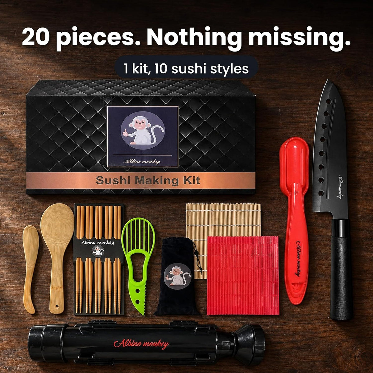 Albino monkey 20-Piece Sushi Making Kit with Bazooka, Knife & Free Course
